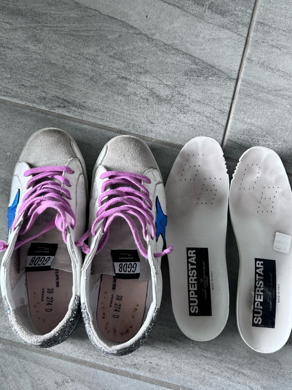 Golden Goose Superstar Sneakers Blue Star Glitter Heel White Leather Size 39 - Picture 9 of 16